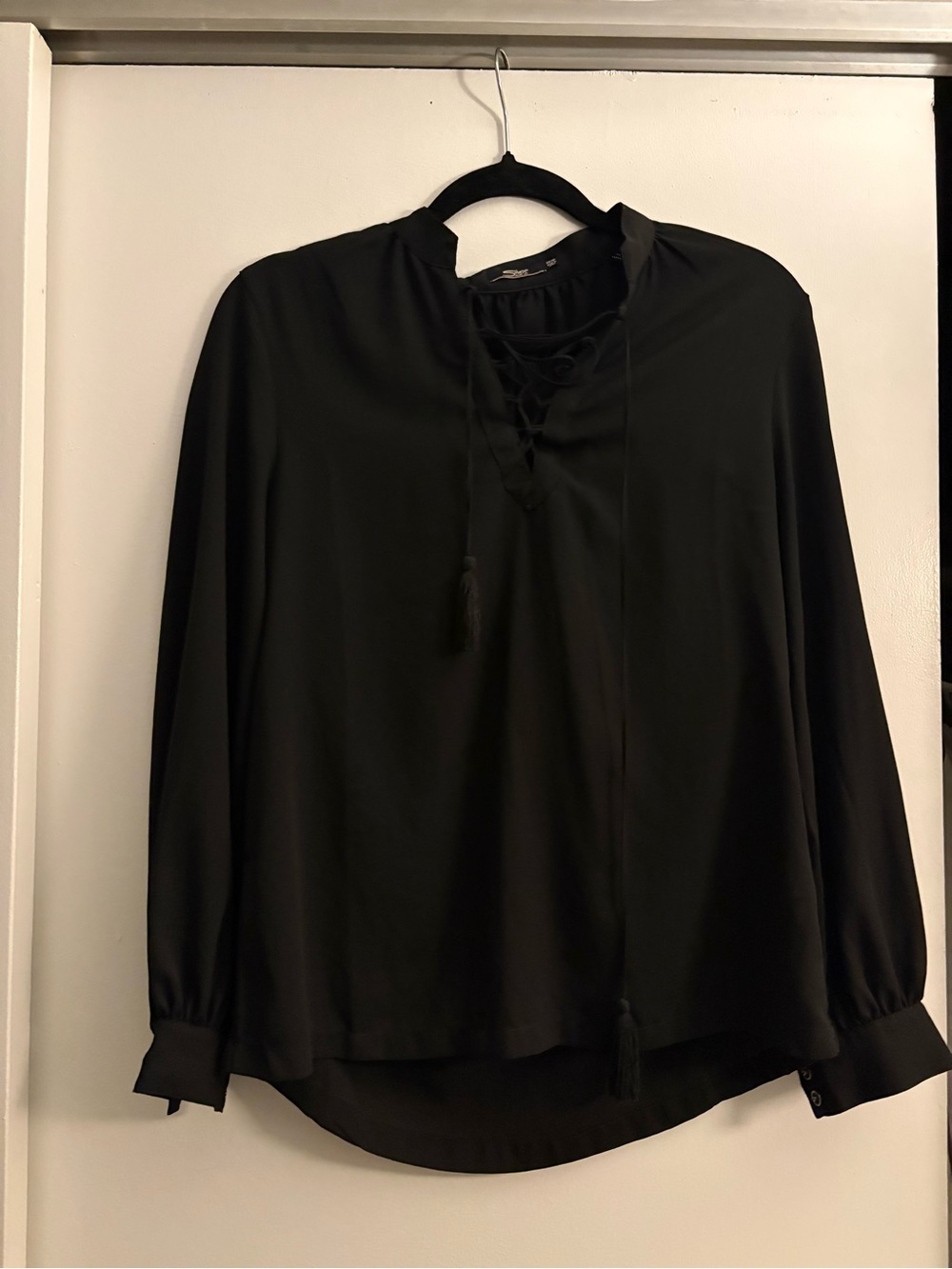 Silver Jeans Black Lace-Up Tassel V-Neck Blouse